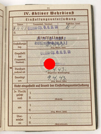 Wehrpaß Heer, eingestellt am 1.4.43 bei Grenadier Ersatz Btl 96
