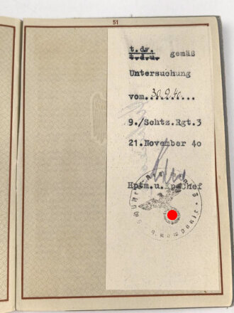 Wehrpaß Heer, eingestellt 4.November 1937 bei 6.Schützen Regiment 3 Eberswalde