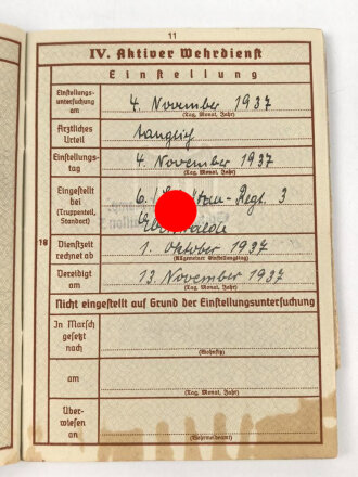 Wehrpaß Heer, eingestellt 4.November 1937 bei 6.Schützen Regiment 3 Eberswalde