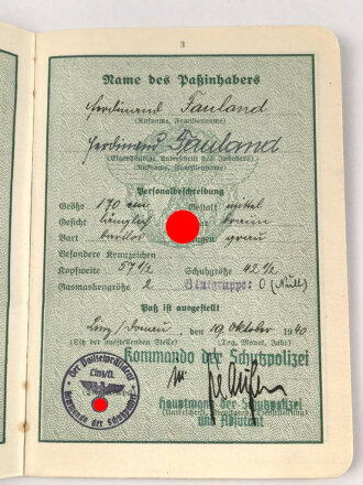 Polizei Dienstpaß eines Angehörigen aus Linz, ausgestellt 1940