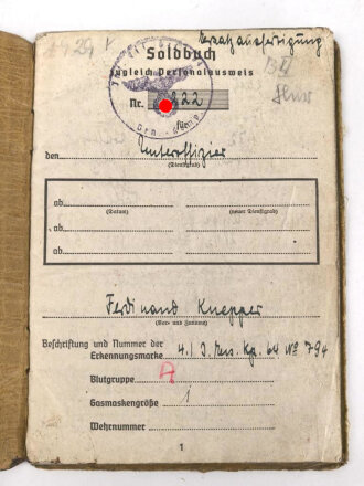 Soldbuch Heer, Ersatzausfertigung,  ausgestellt 6.9.1944 bei Gren. Ers. btl. 464