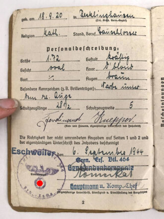 Soldbuch Heer, Ersatzausfertigung,  ausgestellt 6.9.1944 bei Gren. Ers. btl. 464