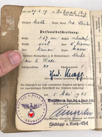 Soldbuch Heer, Zweitausfertigung ausgestellt am 5.5.1943 bei San. Ers. Abt. 5