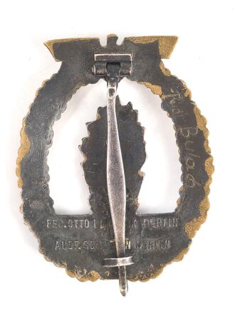 Minensucher Kriegsabzeichen, Hersteller "Fec. Adolf Bock - Ausf. Schwerin Berlin" Rückseitig mit Trägernamen versehen und " erhaben" geklopft. Gute vergoldung