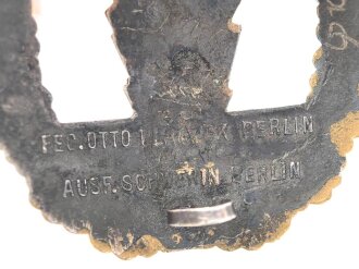 Minensucher Kriegsabzeichen, Hersteller "Fec. Adolf Bock - Ausf. Schwerin Berlin" Rückseitig mit Trägernamen versehen und " erhaben" geklopft. Gute vergoldung