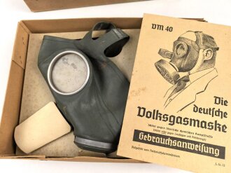 Volksgasmaske 40 für Luftschutz. Ungereinigt, in der originalen Umverpackung