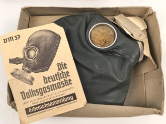 Volksgasmaske 37 für Luftschutz. Ungereinigt, in der originalen Umverpackung, diese defekt