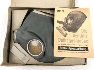Volksgasmaske 37 für Luftschutz. Ungereinigt, in der originalen Umverpackung, diese defekt