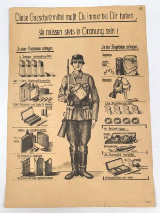 Gasschutz Wehrmacht, Wandanschlag 1 " Diese Gasschutzmittel mußt du immer bei dir haben, sie müssen stets in Ordnung sein !"  Maße 30 x 42cm