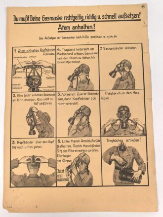 Gasschutz Wehrmacht, Wandanschlag 6 " Du mußt deine Gasmaske rechtzeitig, richtig und schnell aufsetzetn ! Atem anhalten !"  Maße 30 x 42cm