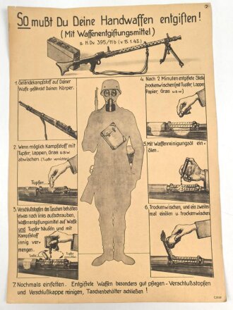 Gasschutz Wehrmacht, Wandanschlag 5 "So mußt du deine Handwaffen entgiften! ( Mit Waffenentgiftungsmittel ) "  Maße 30 x 42cm