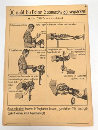Gasschutz Wehrmacht, Wandanschlag 8 "So mußt du deine Gasmaske 30 verpacken !"  Maße 30 x 42cm