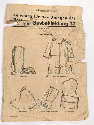 Faltblatt DIN A4 " Anleitung für das Anlegen der leichten Gasbekleidung 37" von 1.4.1942.