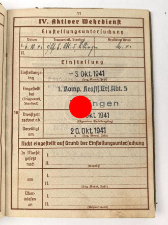 Wehrpaß Heer, eingestellt am 3.Oktober 1941 bei 1. Komp. Kraftfahr Ersatz Abteilung 5 Villingen.