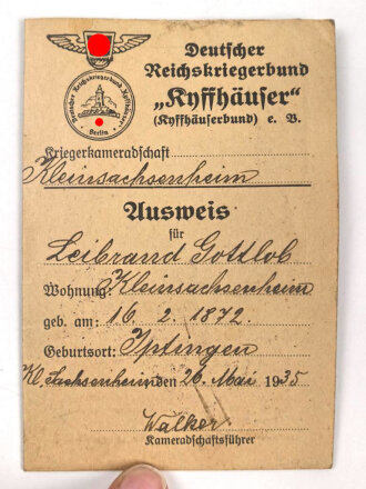Deutscher Reichskriegerbund Kyffhäuserbund e.V. "Ausweis" Kleinsachsenheim, 1935