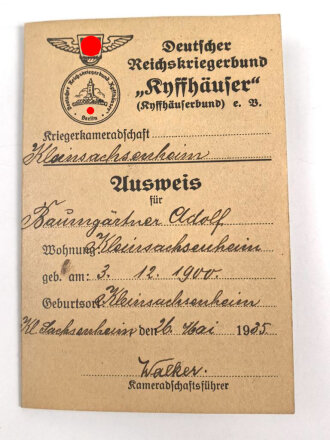 Deutscher Reichskriegerbund Kyffhäuserbund e.V. "Ausweis" Kleinsachsenheim, 1935