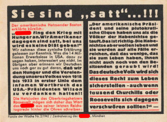 Parole der Woche Nr. 2, "Sie sind satt...!!!", Zentralverlag der NSDAP, 7,5 x 10 cm, 1942 