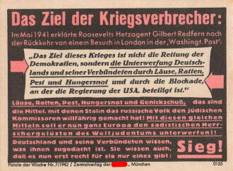 Parole der Woche Nr. 7, "Das Ziel der Kriegsverbrecher", Zentralverlag der NSDAP, 7,5 x 10 cm, 1942