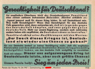 Parole der Woche Nr. 24, "Gerechtigkeit für Deutschland?", Zentralverlag der NSDAP, 7,5 x 10 cm, 1942