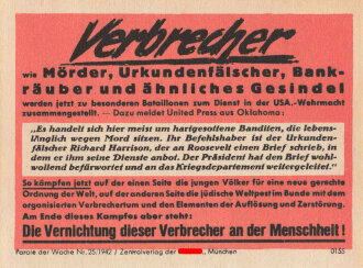 Parole der Woche Nr. 25, "Verbrecher", Zentralverlag der NSDAP, 7,5 x 10 cm, 1942