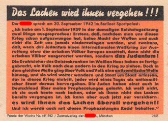 Parole der Woche Nr. 44, "Das Lachen wird Ihnen vergehen!!!", Zentralverlag der NSDAP, 7,5 x 10 cm, 1942