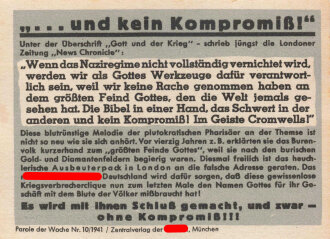 Parole der Woche Nr. 10, "... und kein Kompromiß!", Zentralverlag der NSDAP, 7,5 x 10 cm, 1941