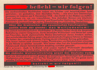 Parole der Woche Nr. 27, "Führer befiehl - wir folgen!", Zentralverlag der NSDAP, 7,5 x 10 cm, 1941