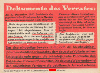 Parole der Woche Nr. 28, "Dokumente des Verrates", Zentralverlag der NSDAP, 7,5 x 10 cm, 1941