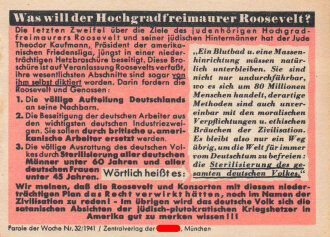 Parole der Woche Nr. 32, "Was will der Hochgradfreimaurer Roosevelt?", Zentralverlag der NSDAP, 7,5 x 10 cm, 1941