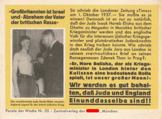 Parole der Woche Nr. 50, "Großbritannien ist Israel und -Abraham der Vater der britischen Rasse", Zentralverlag der NSDAP, 7,5 x 10 cm, 1941