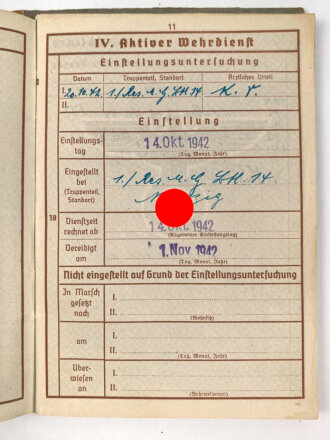 Wehrpaß Heer, eingestellt am 14. Oktober 1942 bei 1. Reserve MG Btl. 14