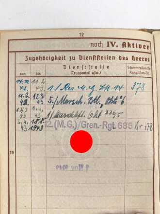 Wehrpaß Heer, eingestellt am 14. Oktober 1942 bei 1. Reserve MG Btl. 14