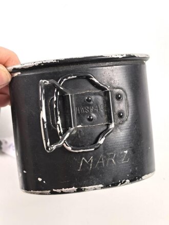 Feldflasche Wehrmacht, HWSD40 gestempelt auf Becher Riemen, Bezug und Flasche