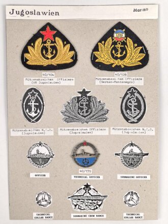 Jugoslawien, Sammlung Abzeichen Marine, auf Karton geklebt