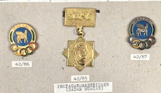 Irak, Sammlung Abzeichen Kragenspiegel, Olympia und Polizei, auf Karton getackert