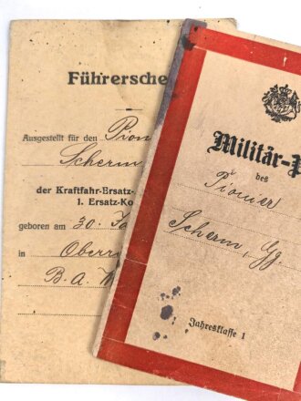 Militärpaß eines Pionier, Diensteintritt am 1.6.1917 beim Rekruten Depot Kraftfahr Ersatz Abteilung  2 Nürnberg. Bis Kriegsende dort verblieben. Dazu sein Führerschein