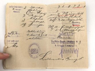 Militärpaß eines Pionier, Diensteintritt am 1.6.1917 beim Rekruten Depot Kraftfahr Ersatz Abteilung  2 Nürnberg. Bis Kriegsende dort verblieben. Dazu sein Führerschein