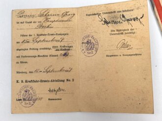 Militärpaß eines Pionier, Diensteintritt am 1.6.1917 beim Rekruten Depot Kraftfahr Ersatz Abteilung  2 Nürnberg. Bis Kriegsende dort verblieben. Dazu sein Führerschein