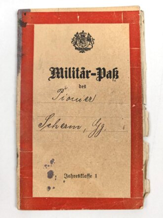 Militärpaß eines Pionier, Diensteintritt am 1.6.1917 beim Rekruten Depot Kraftfahr Ersatz Abteilung  2 Nürnberg. Bis Kriegsende dort verblieben. Dazu sein Führerschein