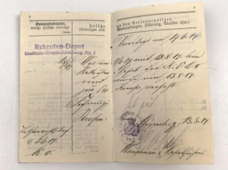 Militärpaß eines Pionier, Diensteintritt am 1.6.1917 beim Rekruten Depot Kraftfahr Ersatz Abteilung  2 Nürnberg. Bis Kriegsende dort verblieben. Dazu sein Führerschein