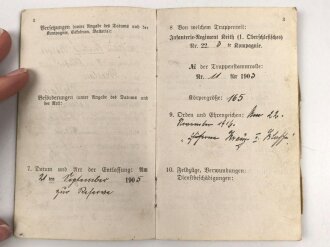 Militärpaß eines Musketier, Diensteintritt am 15.10.1905 bei Infanterie Regiment Nr. 22