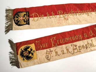 Österreich, zweiteiliges Fahnenband " Zur Erinnerung an die Vollendung des 70. Lenbensjahres seiner Majestät Franz Josef 1., Die k.k. Rerichshauptstadt Wien 1900." Gesamtlänge etwa 145cm