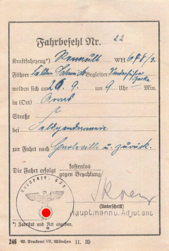 Fahrbefehl für ein Wehrmachtsfahrzeug für Feldgendarmerie, datiert 1939