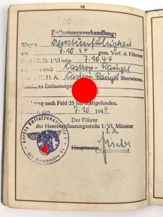 Wehrpaß Heer, eingestellt am 1.10.1934 bei Kommando der Schutzpolizei Düsseldorf