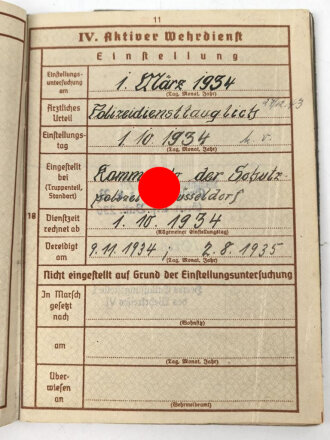 Wehrpaß Heer, eingestellt am 1.10.1934 bei Kommando der Schutzpolizei Düsseldorf