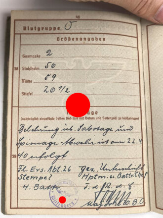 Wehrpaß Zweitschrift Heer, eingestellt am 27.8.1939 bei 2. Komp. Bau Batl.111 Breslau