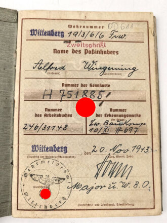 Wehrpaß Zweitschrift Heer, eingestellt am 27.8.1939 bei 2. Komp. Bau Batl.111 Breslau