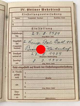 Wehrpaß Zweitschrift Heer, eingestellt am 27.8.1939 bei 2. Komp. Bau Batl.111 Breslau