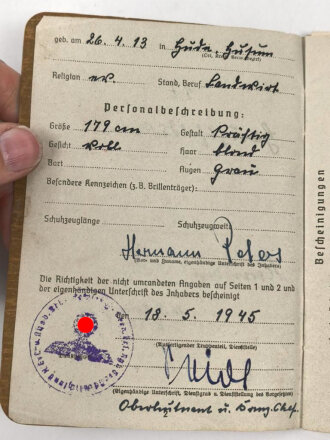 Soldbuch Zweitschrift,  Heer, ausgestellt 18.5.1945