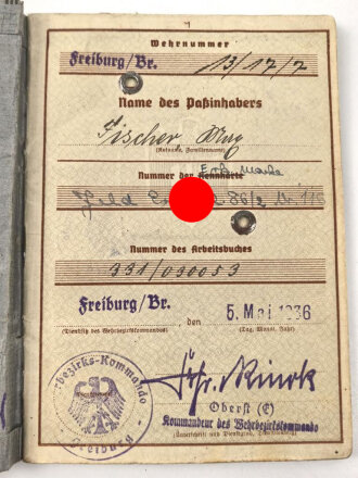 Wehrpaß Heer, eingestellt 12.Januar 1940 bei 4./ J.E.B. 75 Theresienstadt
